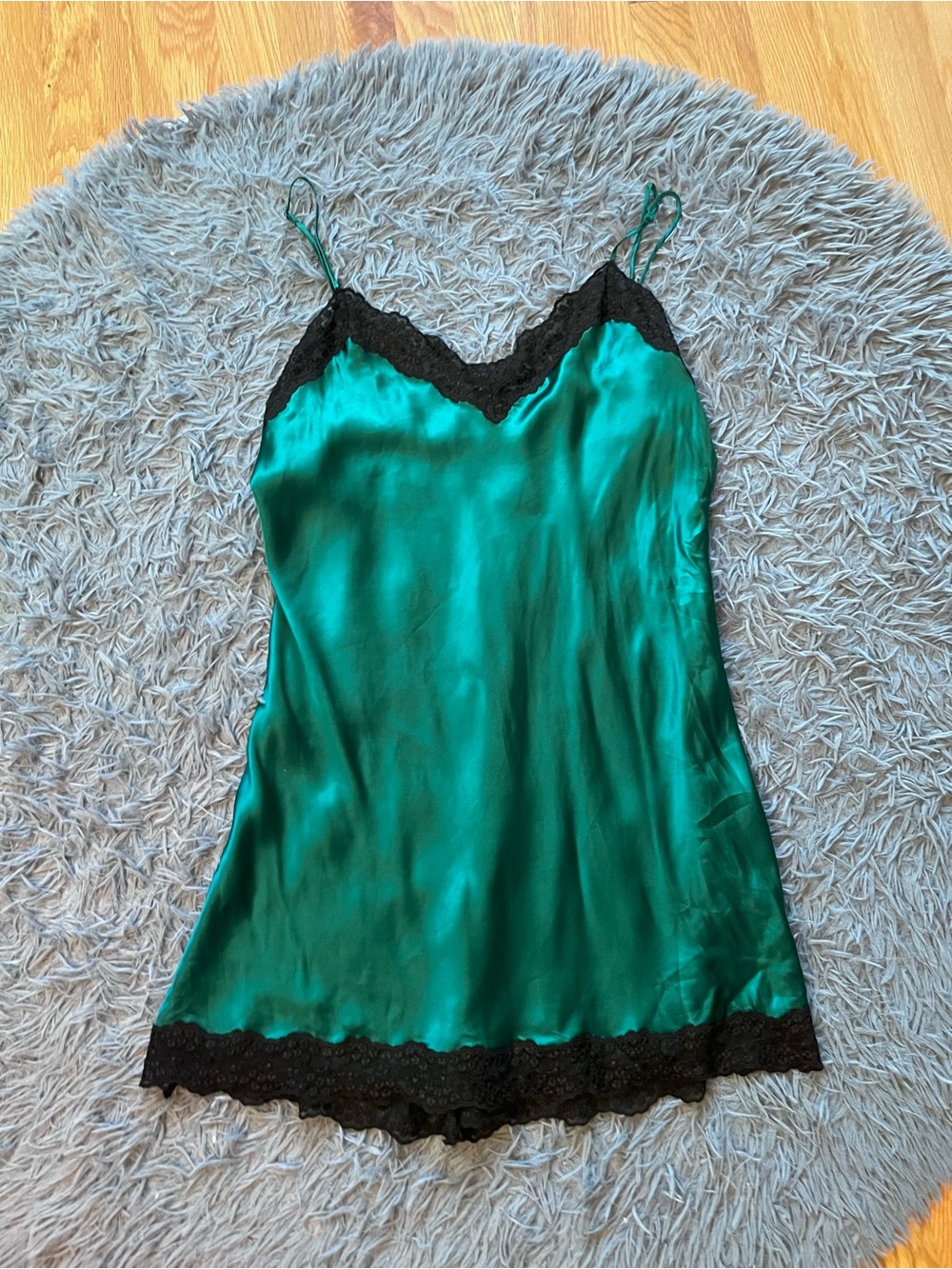 Victoria's Secret Vintage Silk Emerald Green Lace Trim Slip Dress Size L NWT